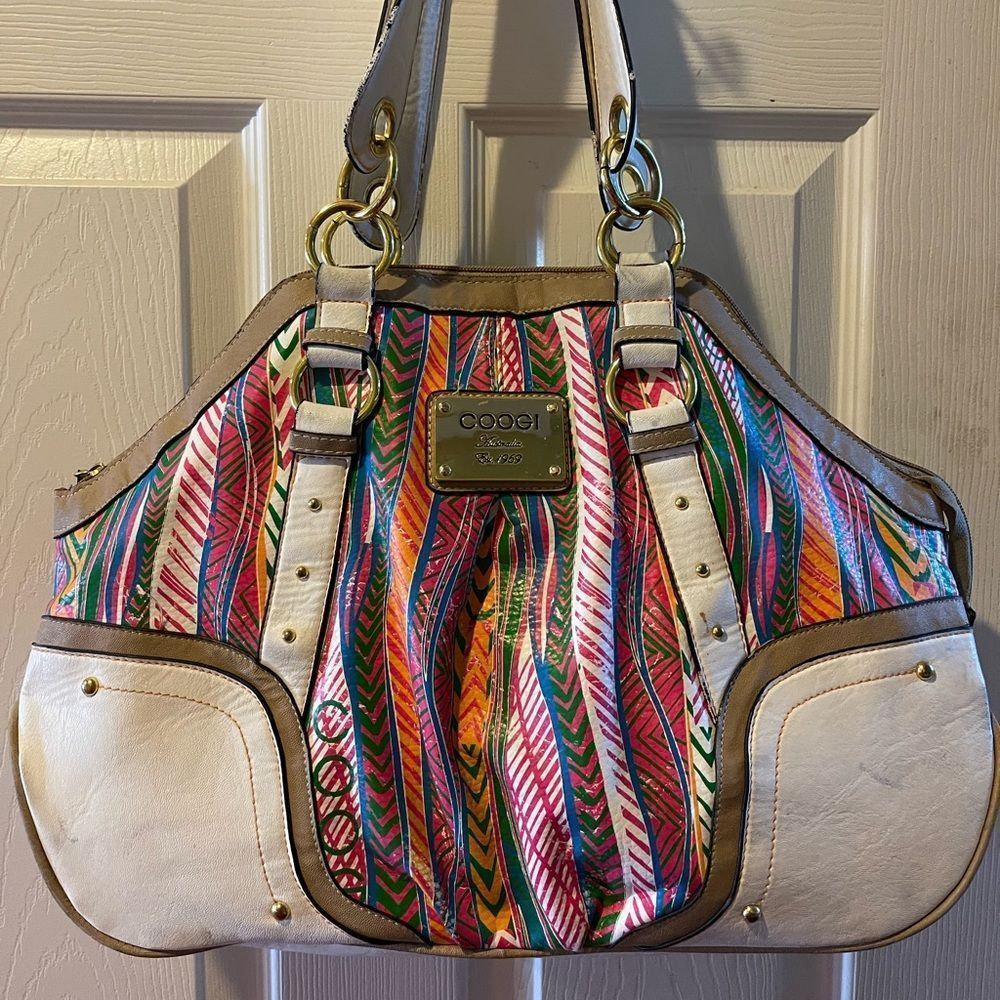 COOGI Australia multi color synthetic Satchel beige trims & traps , studs accent